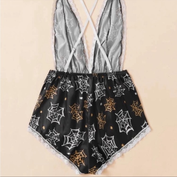 NWOT- Halloween spiderweb black satin deep v romper open back highwaisted - Picture 2 of 6